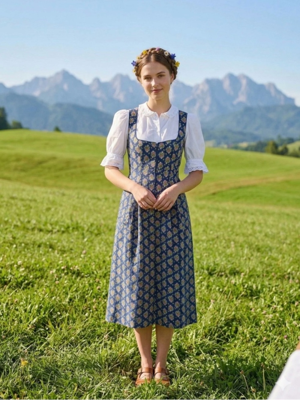 Vintage 60's Blue Floral Midi Pinafore Dirndl Dress